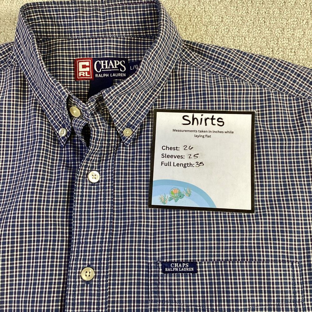 Chaps Ralph Lauren Mens Large Navy Blue White Micro Check Button Down Shirt L/G - Picture 5 of 5